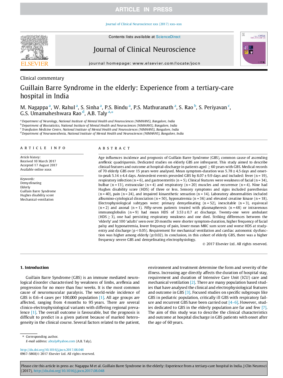 Guillain Barre Syndrome in the elderly: Experience from a tertiary-care hospital in India