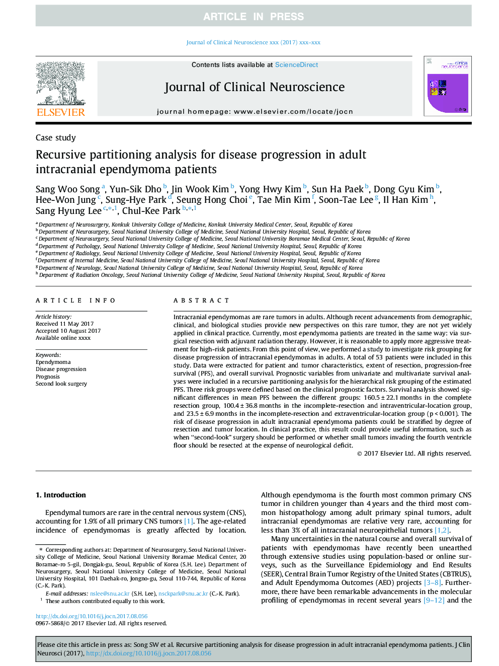 Recursive partitioning analysis for disease progression in adult intracranial ependymoma patients