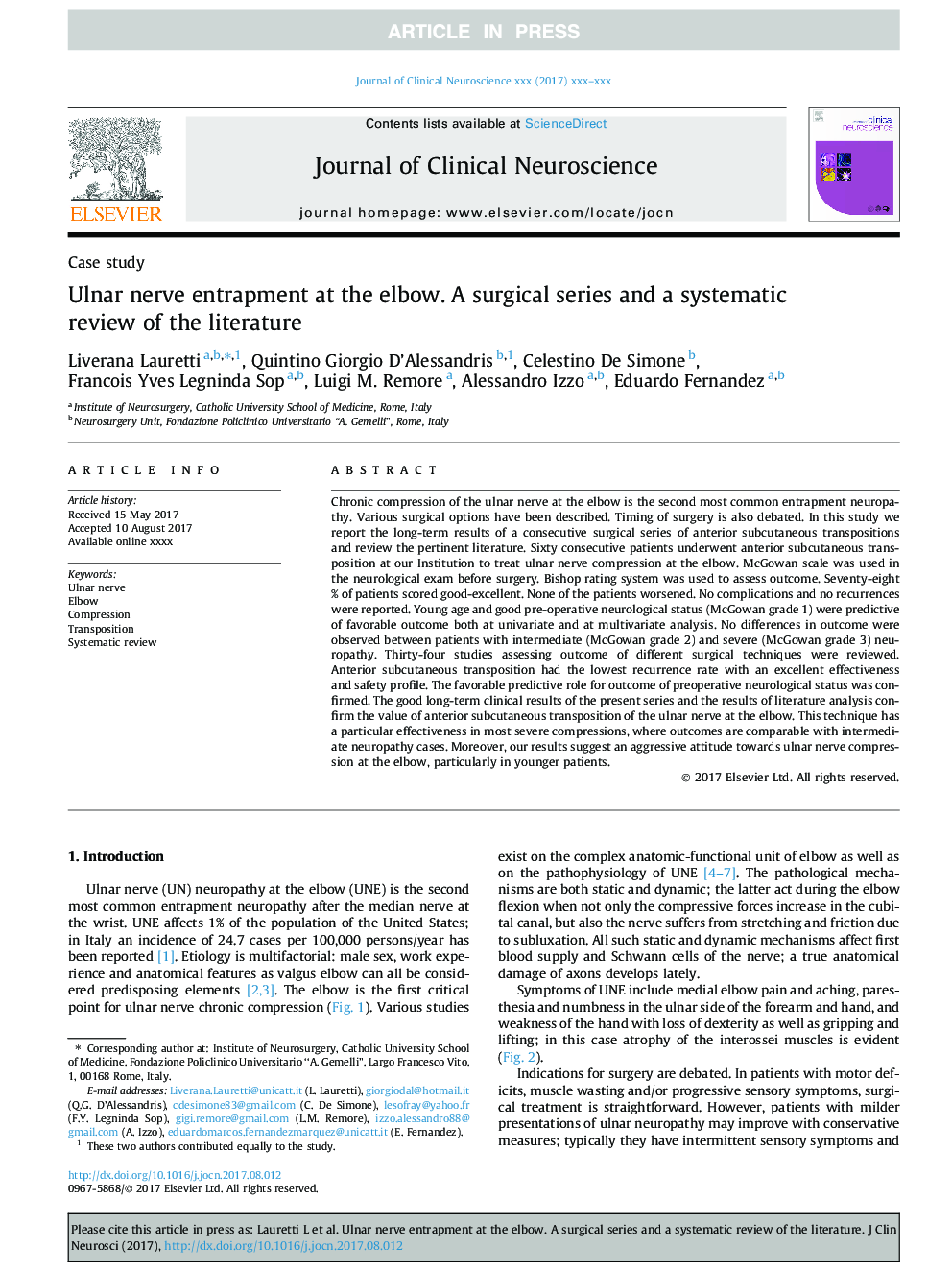 Ulnar nerve entrapment at the elbow. A surgical series and a systematic review of the literature