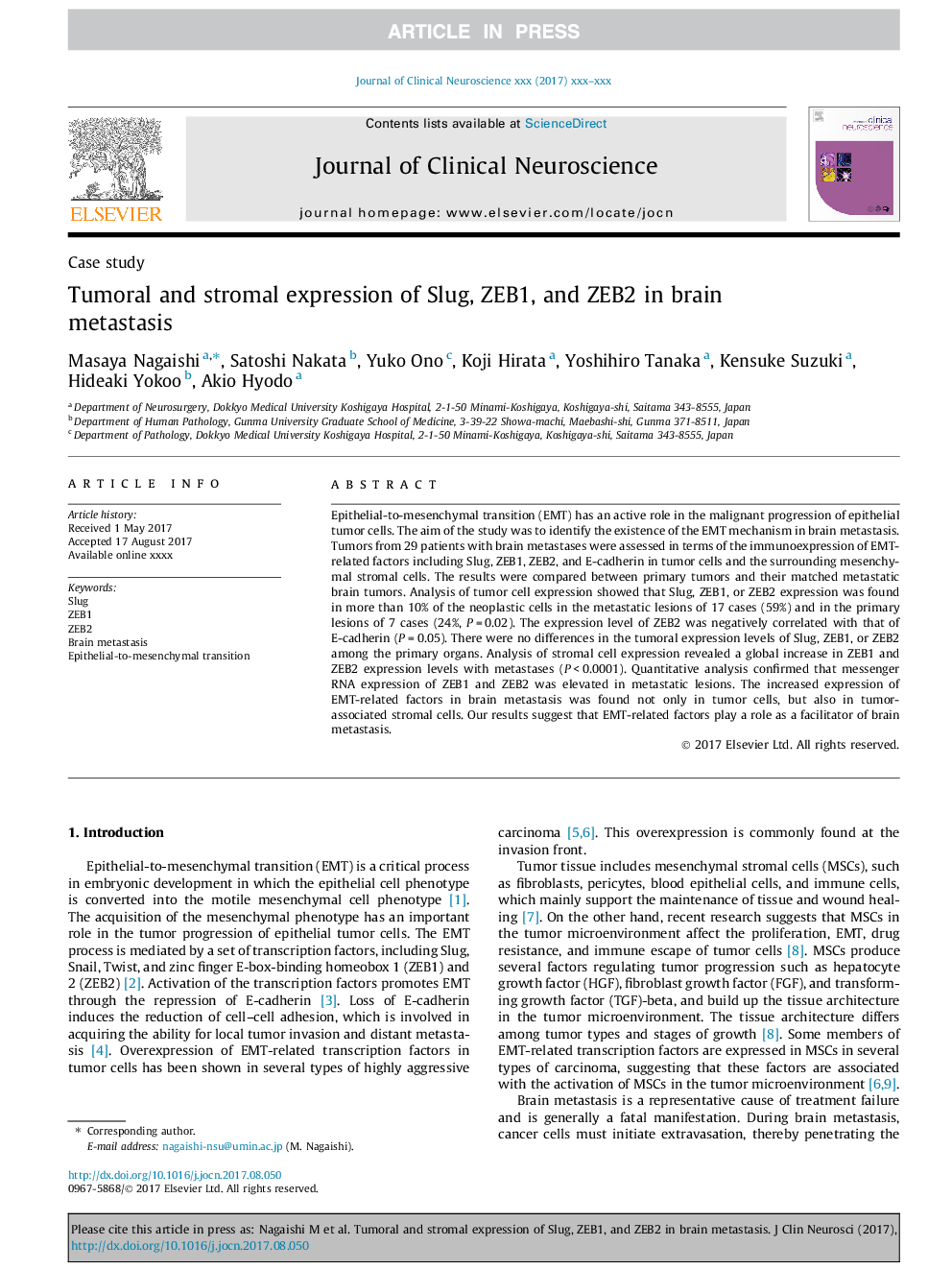 Tumoral and stromal expression of Slug, ZEB1, and ZEB2 in brain metastasis