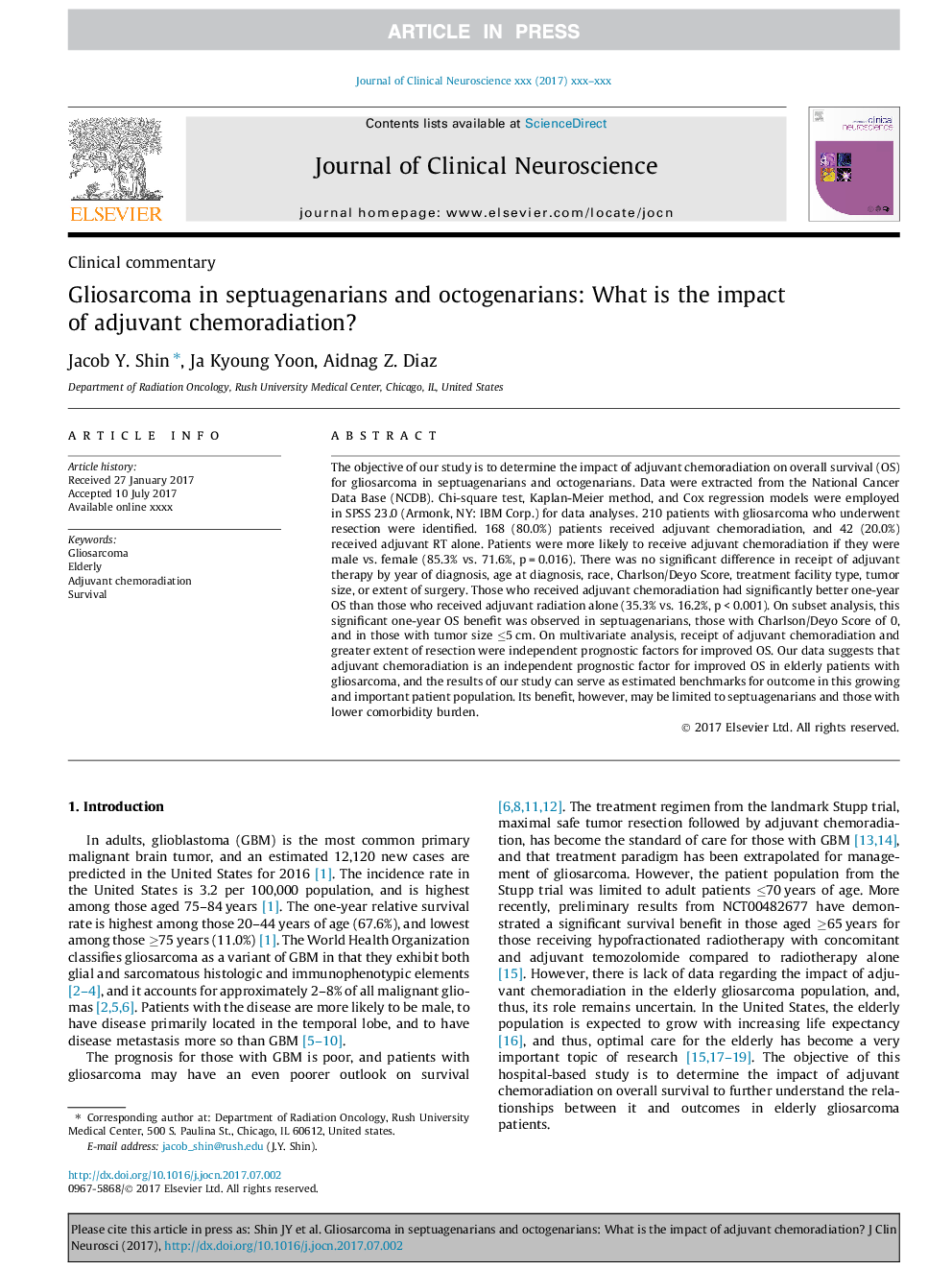 Gliosarcoma in septuagenarians and octogenarians: What is the impact of adjuvant chemoradiation?