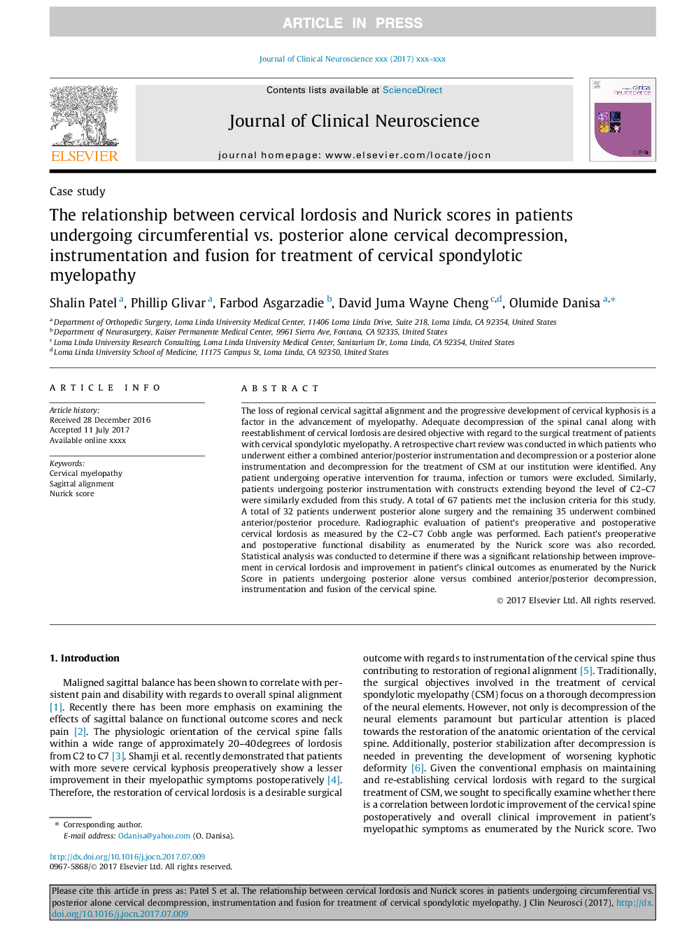 The relationship between cervical lordosis and Nurick scores in patients undergoing circumferential vs. posterior alone cervical decompression, instrumentation and fusion for treatment of cervical spondylotic myelopathy