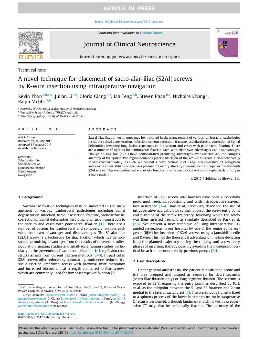 A novel technique for placement of sacro-alar-iliac (S2AI) screws by K-wire insertion using intraoperative navigation