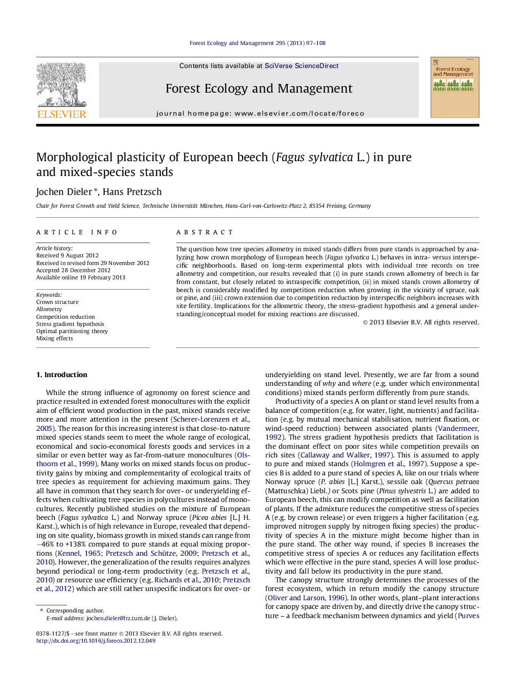 Morphological plasticity of European beech (Fagus sylvatica L.) in pure and mixed-species stands