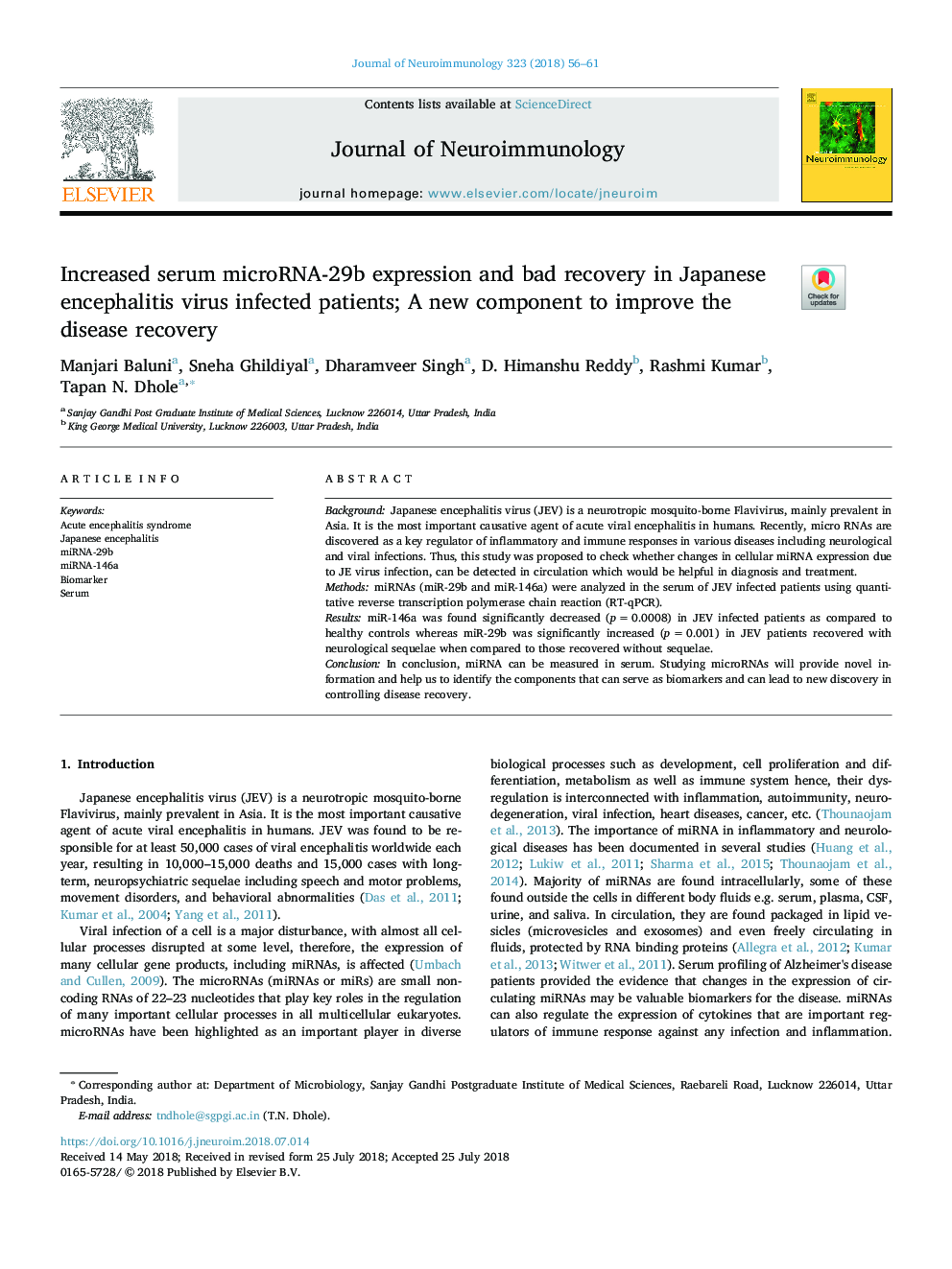 Increased serum microRNA-29b expression and bad recovery in Japanese encephalitis virus infected patients; A new component to improve the disease recovery