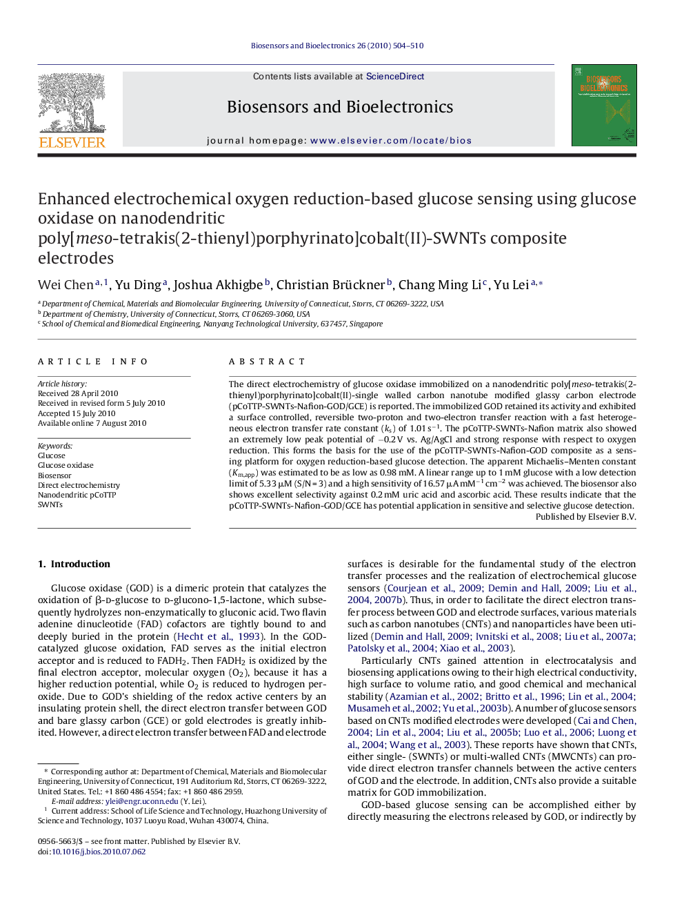 Enhanced electrochemical oxygen reduction-based glucose sensing using glucose oxidase on nanodendritic poly[meso-tetrakis(2-thienyl)porphyrinato]cobalt(II)-SWNTs composite electrodes