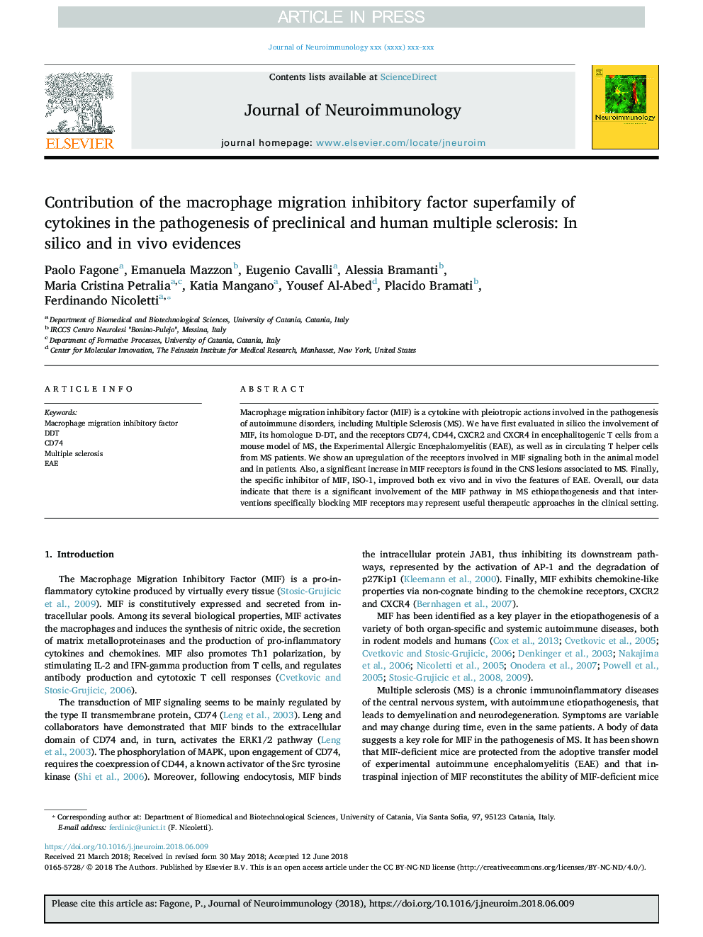 Contribution of the macrophage migration inhibitory factor superfamily of cytokines in the pathogenesis of preclinical and human multiple sclerosis: In silico and in vivo evidences