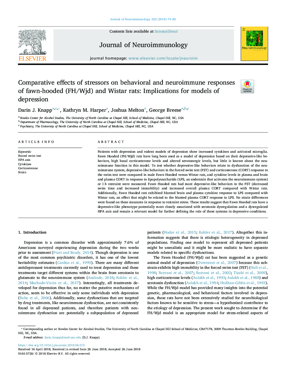 Comparative effects of stressors on behavioral and neuroimmune responses of fawn-hooded (FH/Wjd) and Wistar rats: Implications for models of depression