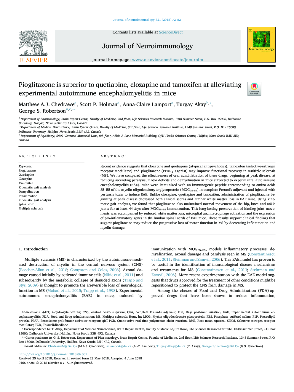 Pioglitazone is superior to quetiapine, clozapine and tamoxifen at alleviating experimental autoimmune encephalomyelitis in mice