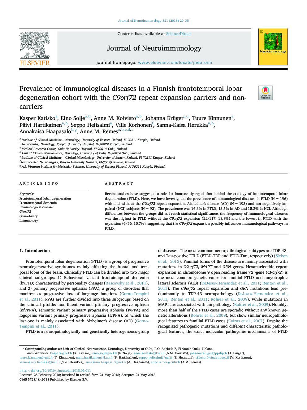 Prevalence of immunological diseases in a Finnish frontotemporal lobar degeneration cohort with the C9orf72 repeat expansion carriers and non-carriers