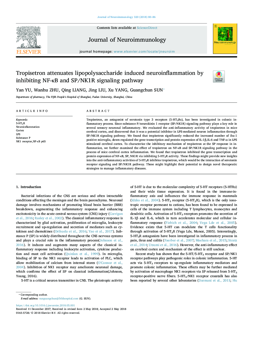 Tropisetron attenuates lipopolysaccharide induced neuroinflammation by inhibiting NF-ÎºB and SP/NK1R signaling pathway