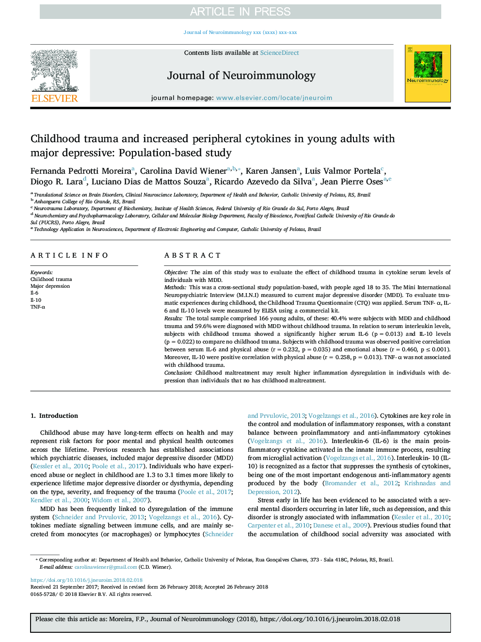 Childhood trauma and increased peripheral cytokines in young adults with major depressive: Population-based study