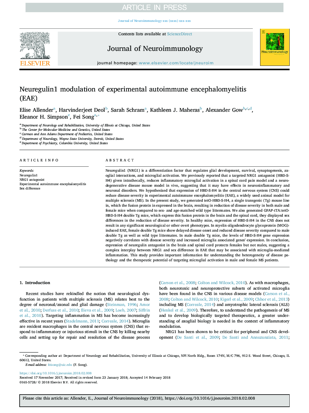 Neuregulin1 modulation of experimental autoimmune encephalomyelitis (EAE)