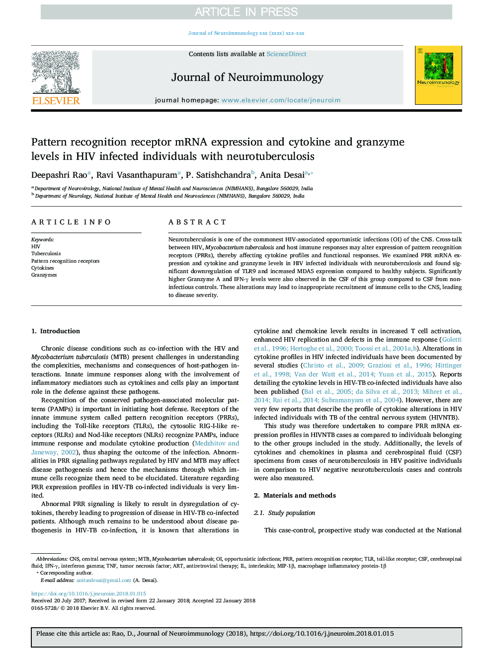 Pattern recognition receptor mRNA expression and cytokine and granzyme levels in HIV infected individuals with neurotuberculosis