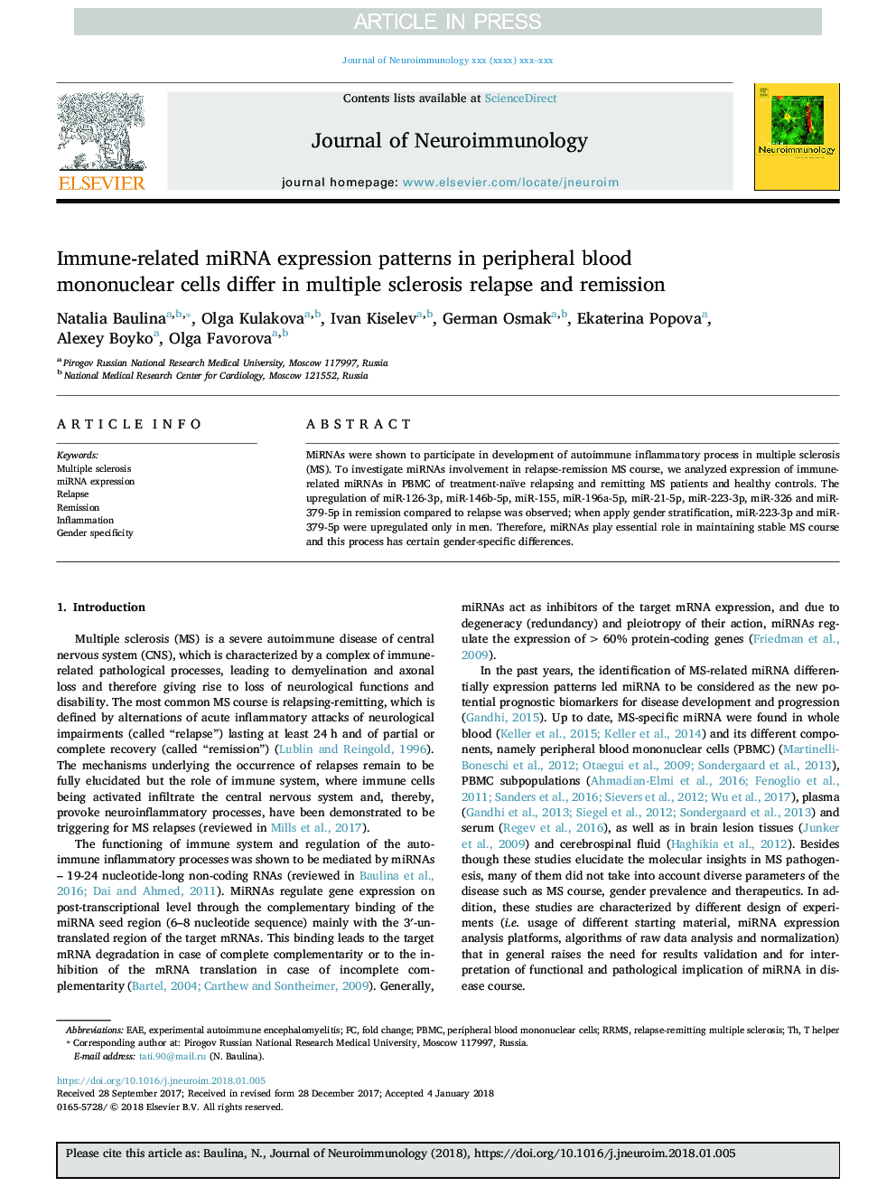 Immune-related miRNA expression patterns in peripheral blood mononuclear cells differ in multiple sclerosis relapse and remission