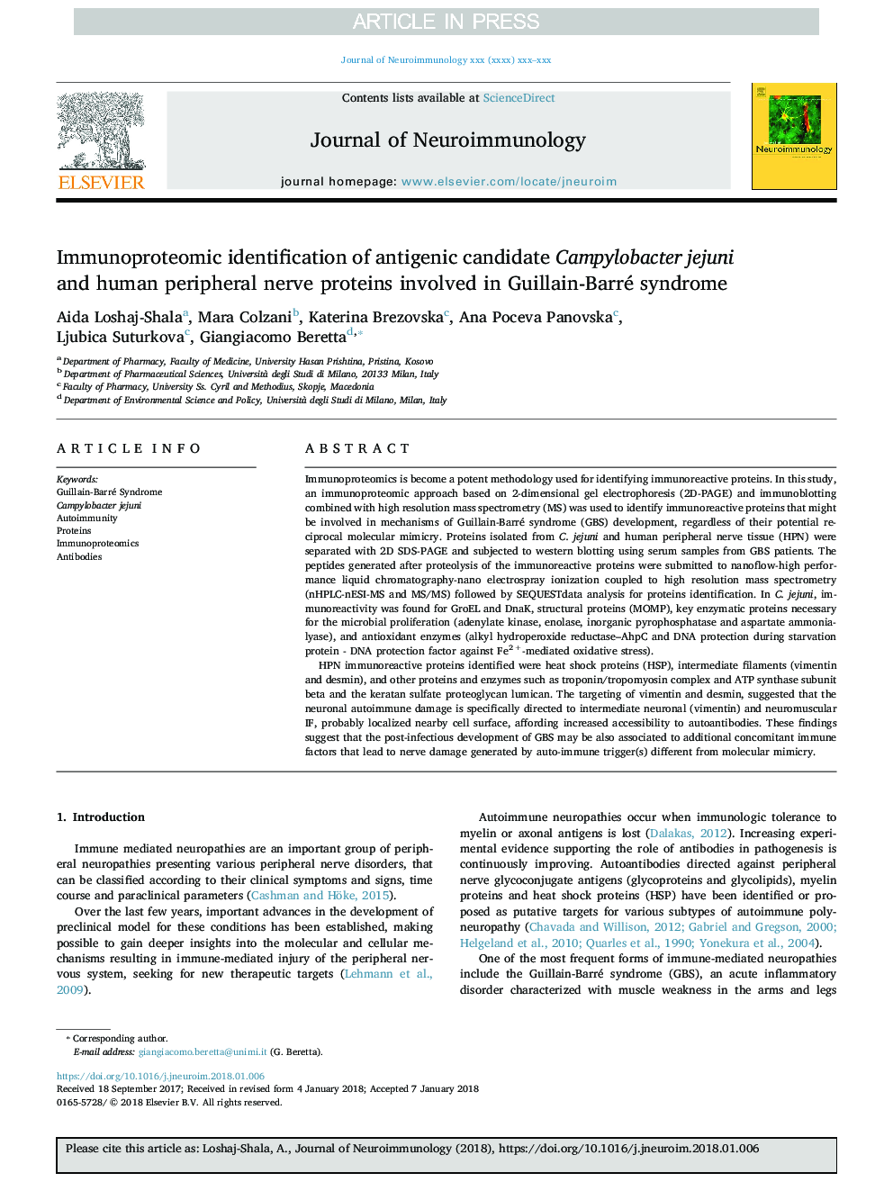 Immunoproteomic identification of antigenic candidate Campylobacter jejuni and human peripheral nerve proteins involved in Guillain-Barré syndrome