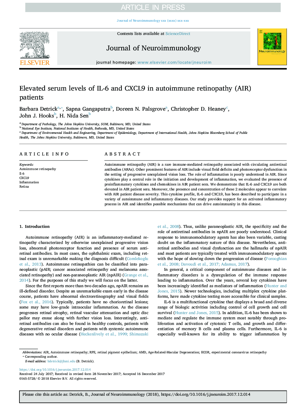 Elevated serum levels of IL-6 and CXCL9 in autoimmune retinopathy (AIR) patients