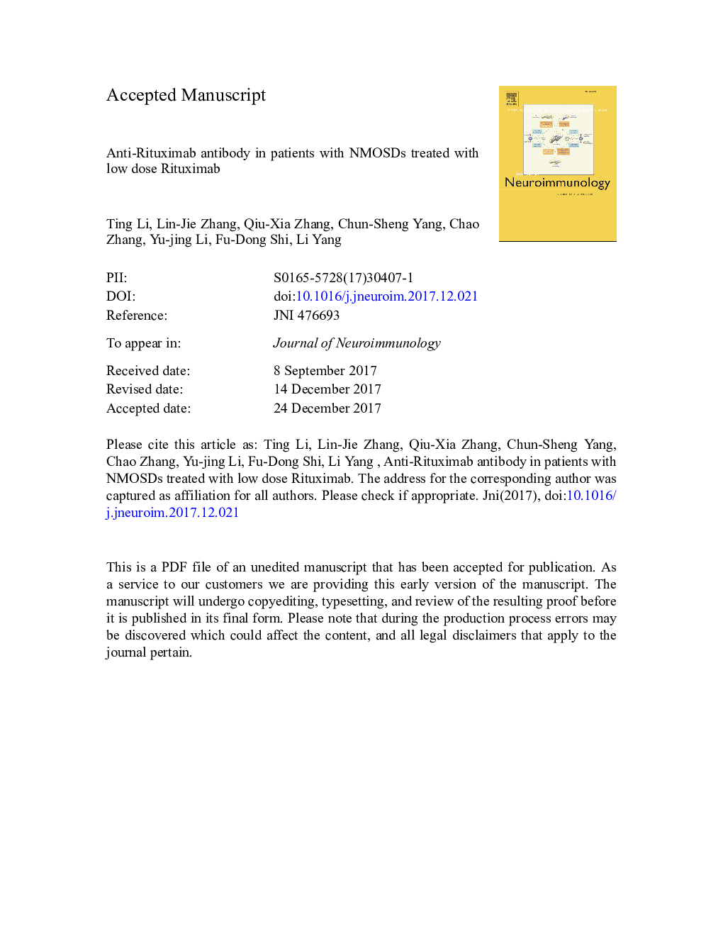 Anti-Rituximab antibody in patients with NMOSDs treated with low dose Rituximab