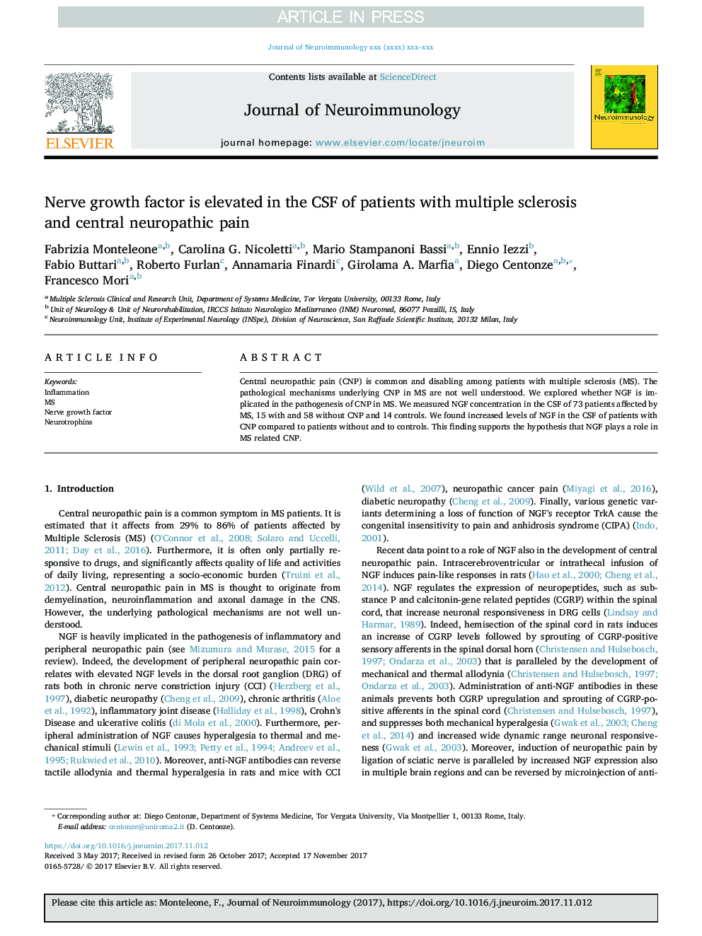 Nerve growth factor is elevated in the CSF of patients with multiple sclerosis and central neuropathic pain