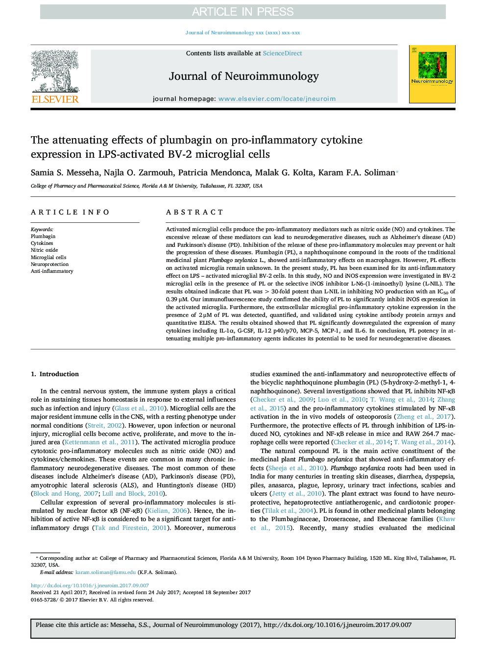 The attenuating effects of plumbagin on pro-inflammatory cytokine expression in LPS-activated BV-2 microglial cells