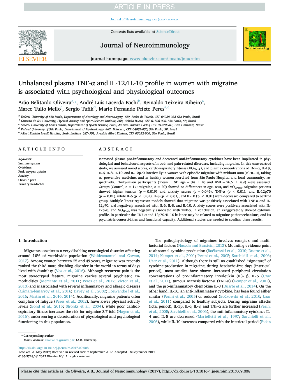 Unbalanced plasma TNF-Î± and IL-12/IL-10 profile in women with migraine is associated with psychological and physiological outcomes