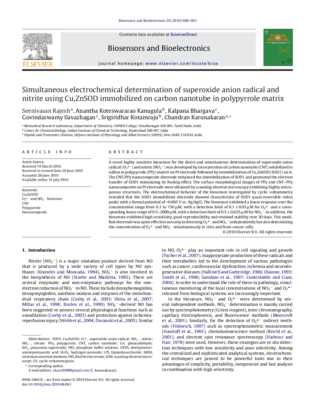 Simultaneous electrochemical determination of superoxide anion radical and nitrite using Cu,ZnSOD immobilized on carbon nanotube in polypyrrole matrix