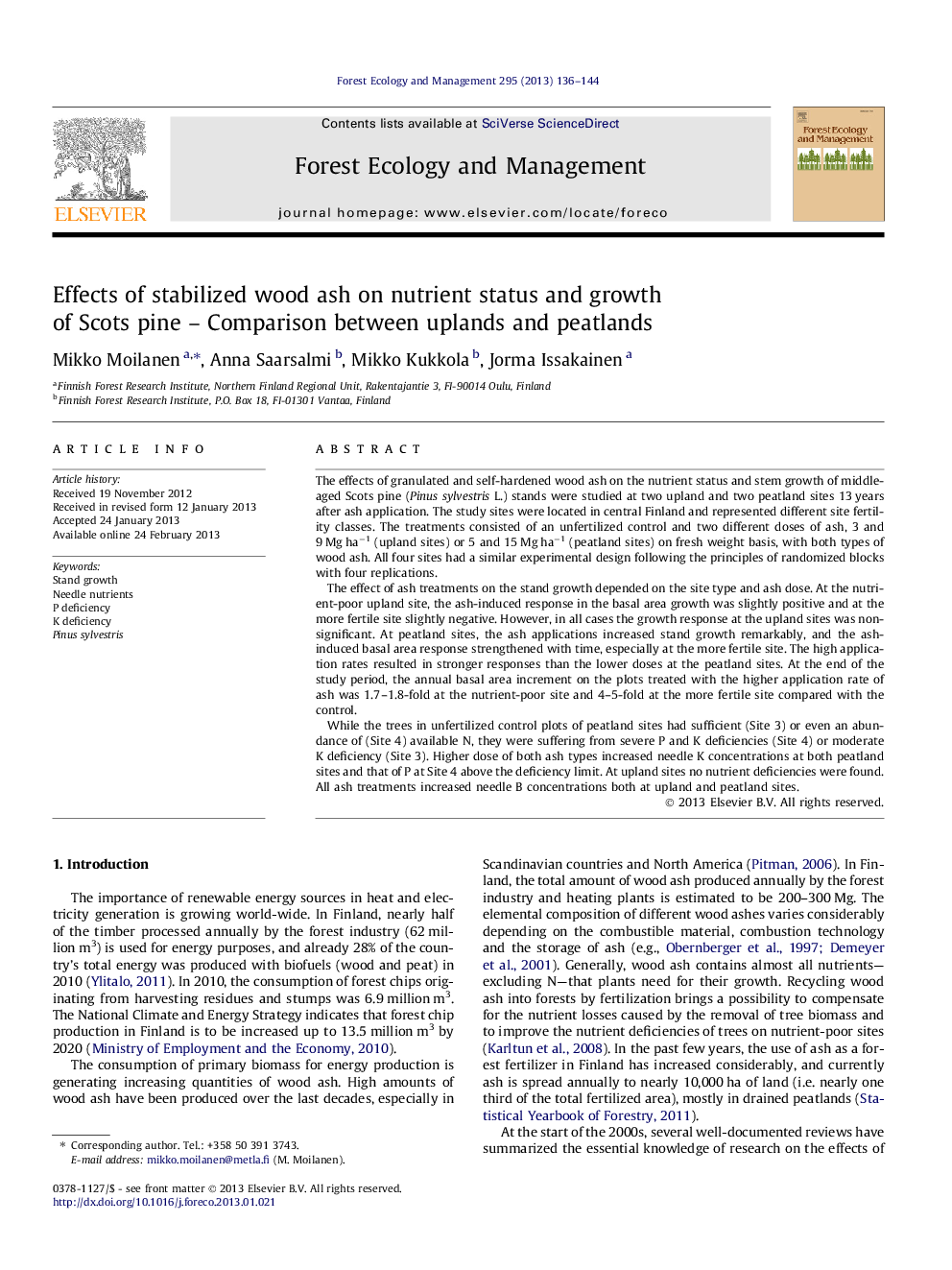 Effects of stabilized wood ash on nutrient status and growth of Scots pine – Comparison between uplands and peatlands