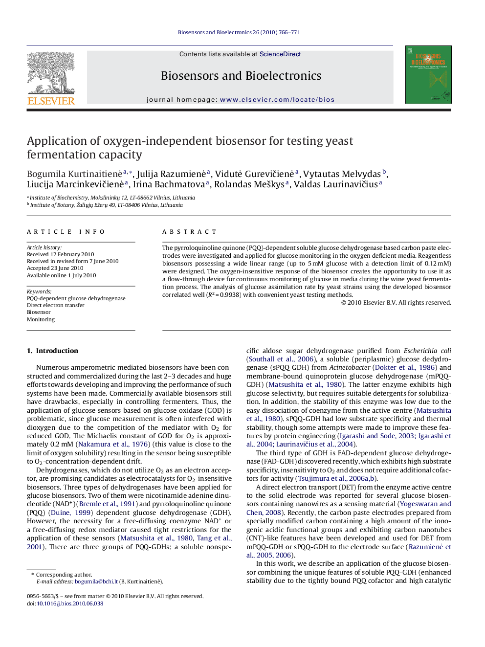 Application of oxygen-independent biosensor for testing yeast fermentation capacity