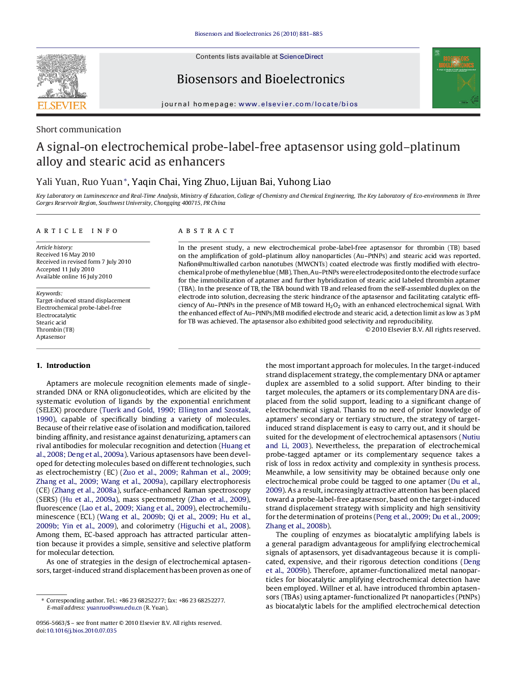 A signal-on electrochemical probe-label-free aptasensor using gold–platinum alloy and stearic acid as enhancers