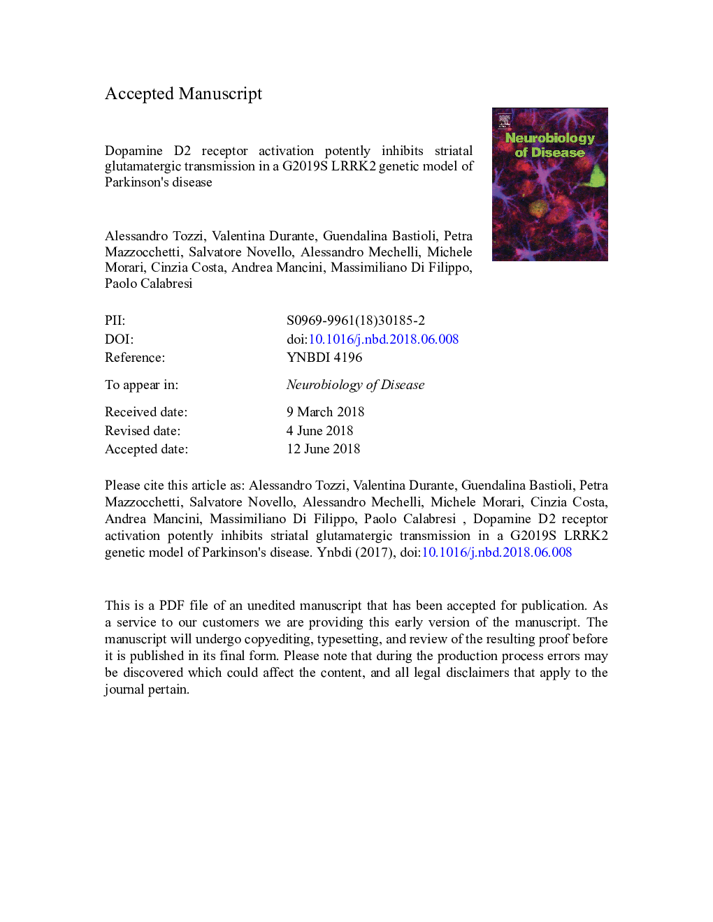 Dopamine D2 receptor activation potently inhibits striatal glutamatergic transmission in a G2019S LRRK2 genetic model of Parkinson's disease