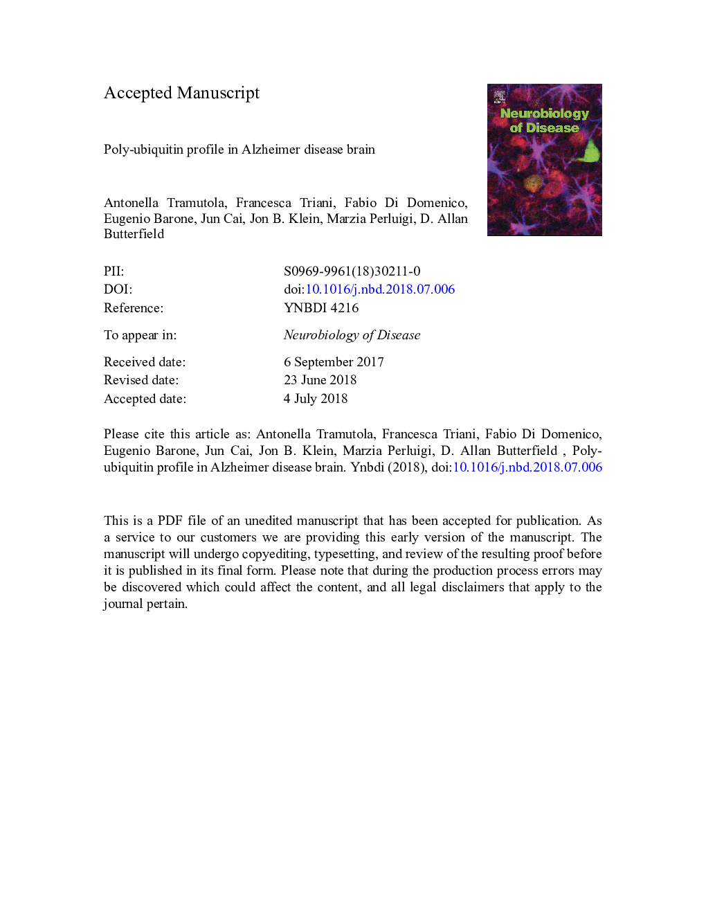 Poly-ubiquitin profile in Alzheimer disease brain