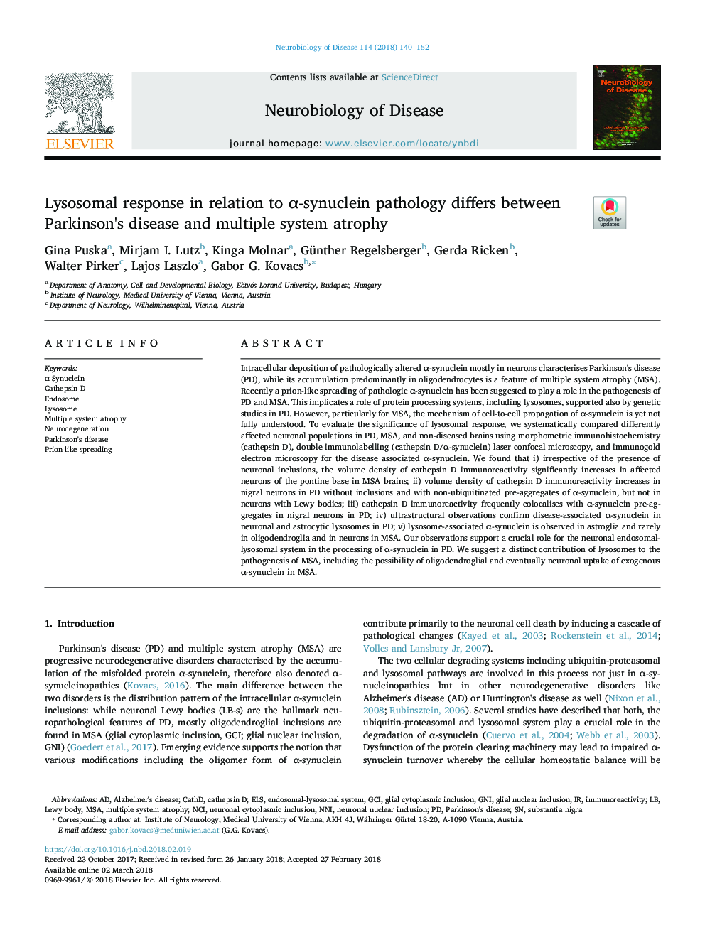 Lysosomal response in relation to Î±-synuclein pathology differs between Parkinson's disease and multiple system atrophy