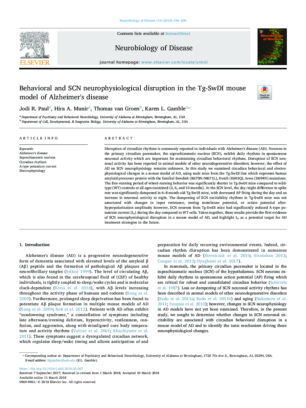 Behavioral and SCN neurophysiological disruption in the Tg-SwDI mouse model of Alzheimer's disease