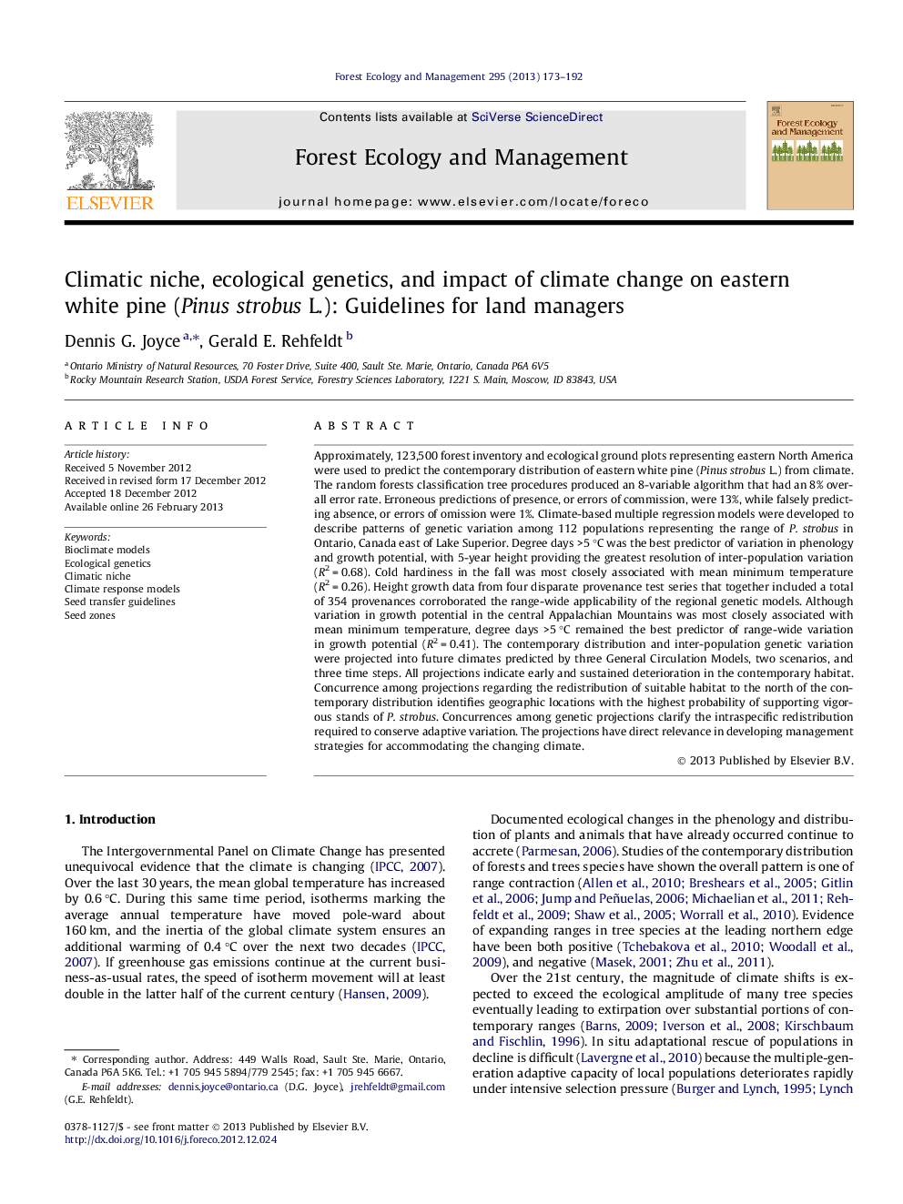 Climatic niche, ecological genetics, and impact of climate change on eastern white pine (Pinus strobus L.): Guidelines for land managers