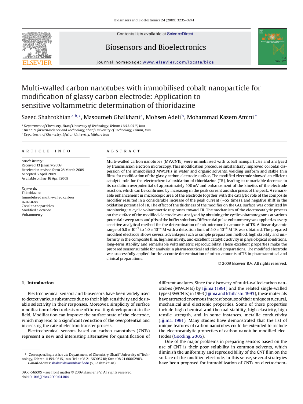 Multi-walled carbon nanotubes with immobilised cobalt nanoparticle for modification of glassy carbon electrode: Application to sensitive voltammetric determination of thioridazine