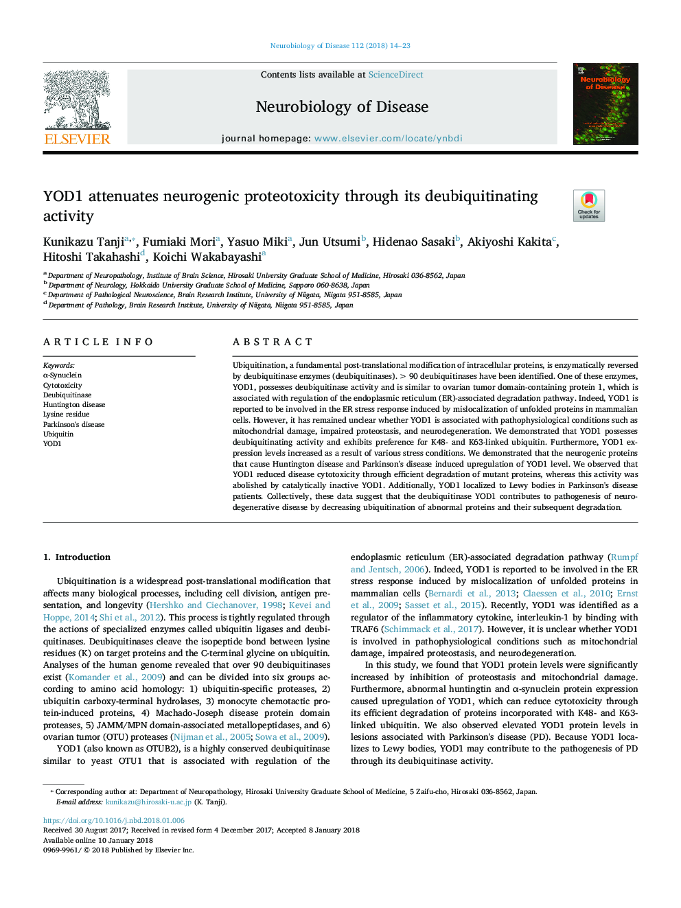 YOD1 attenuates neurogenic proteotoxicity through its deubiquitinating activity