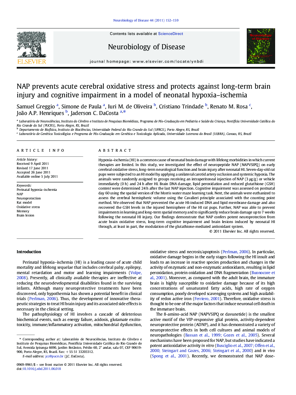 NAP prevents acute cerebral oxidative stress and protects against long-term brain injury and cognitive impairment in a model of neonatal hypoxia-ischemia