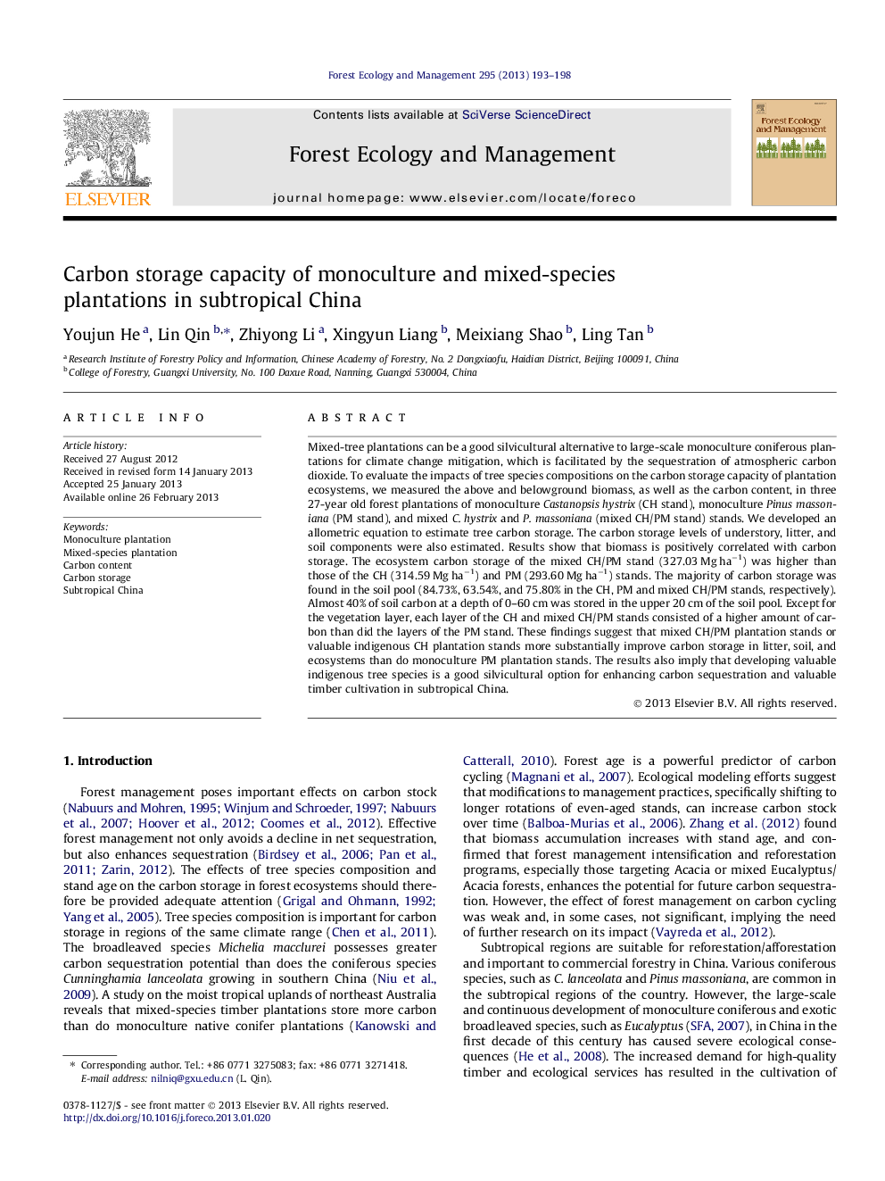 Carbon storage capacity of monoculture and mixed-species plantations in subtropical China