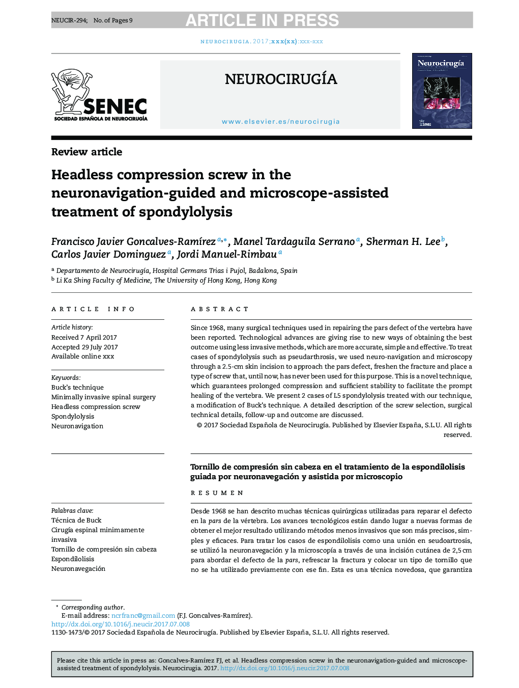 Headless compression screw in the neuronavigation-guided and microscope-assisted treatment of spondylolysis