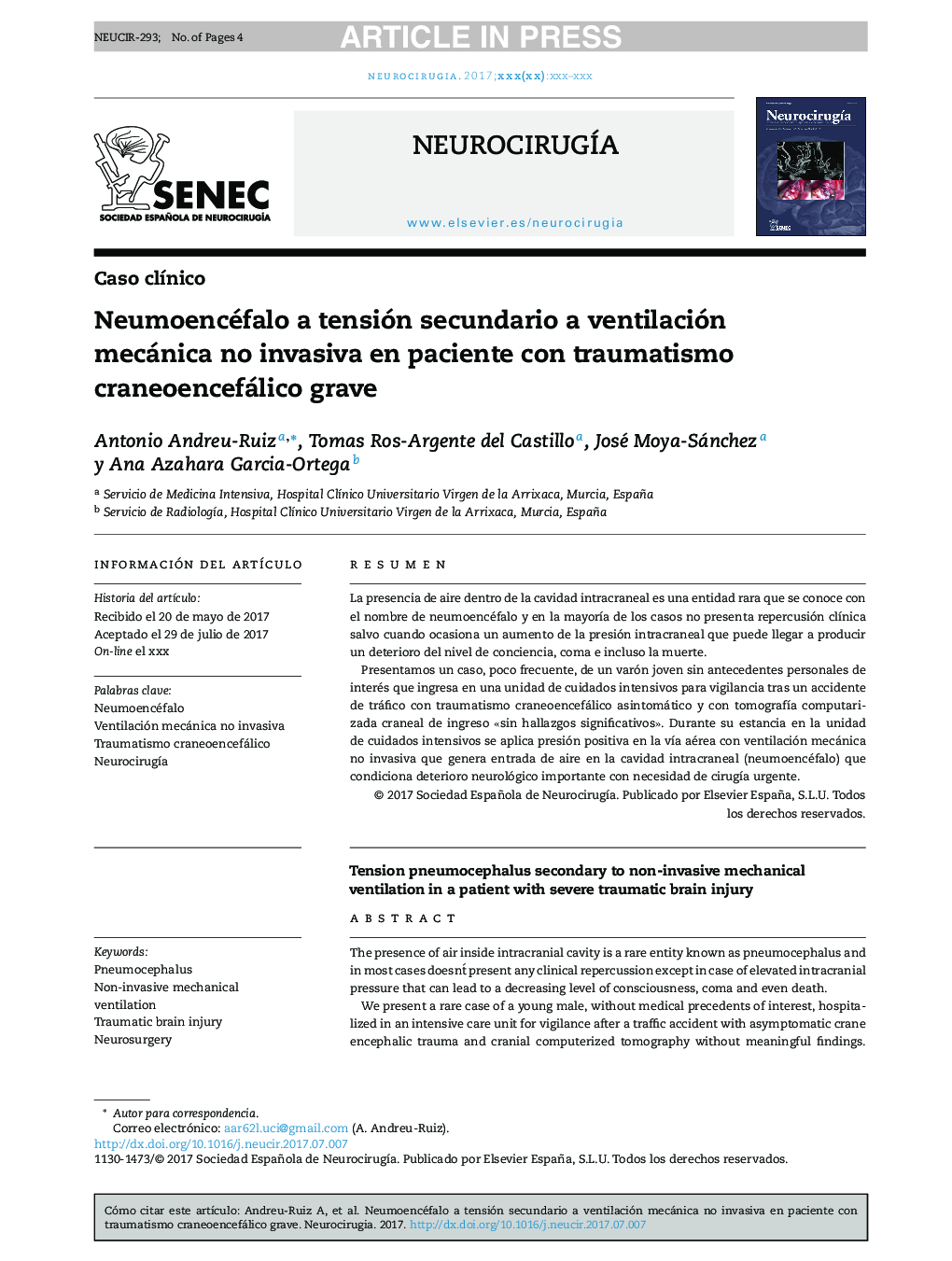 Neumoencéfalo a tensión secundario a ventilación mecánica no invasiva en paciente con traumatismo craneoencefálico grave