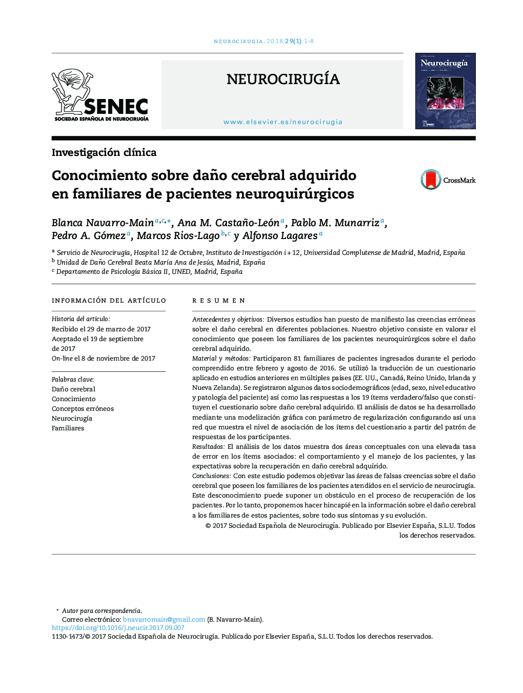 Conocimiento sobre daño cerebral adquirido en familiares de pacientes neuroquirúrgicos