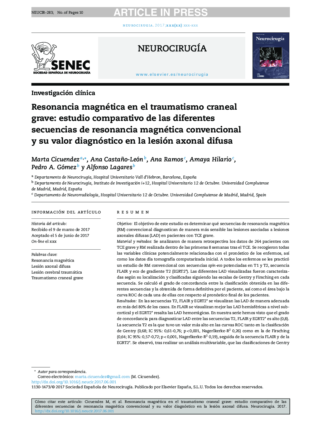 Resonancia magnética en el traumatismo craneal grave: estudio comparativo de las diferentes secuencias de resonancia magnética convencional y su valor diagnóstico en la lesión axonal difusa