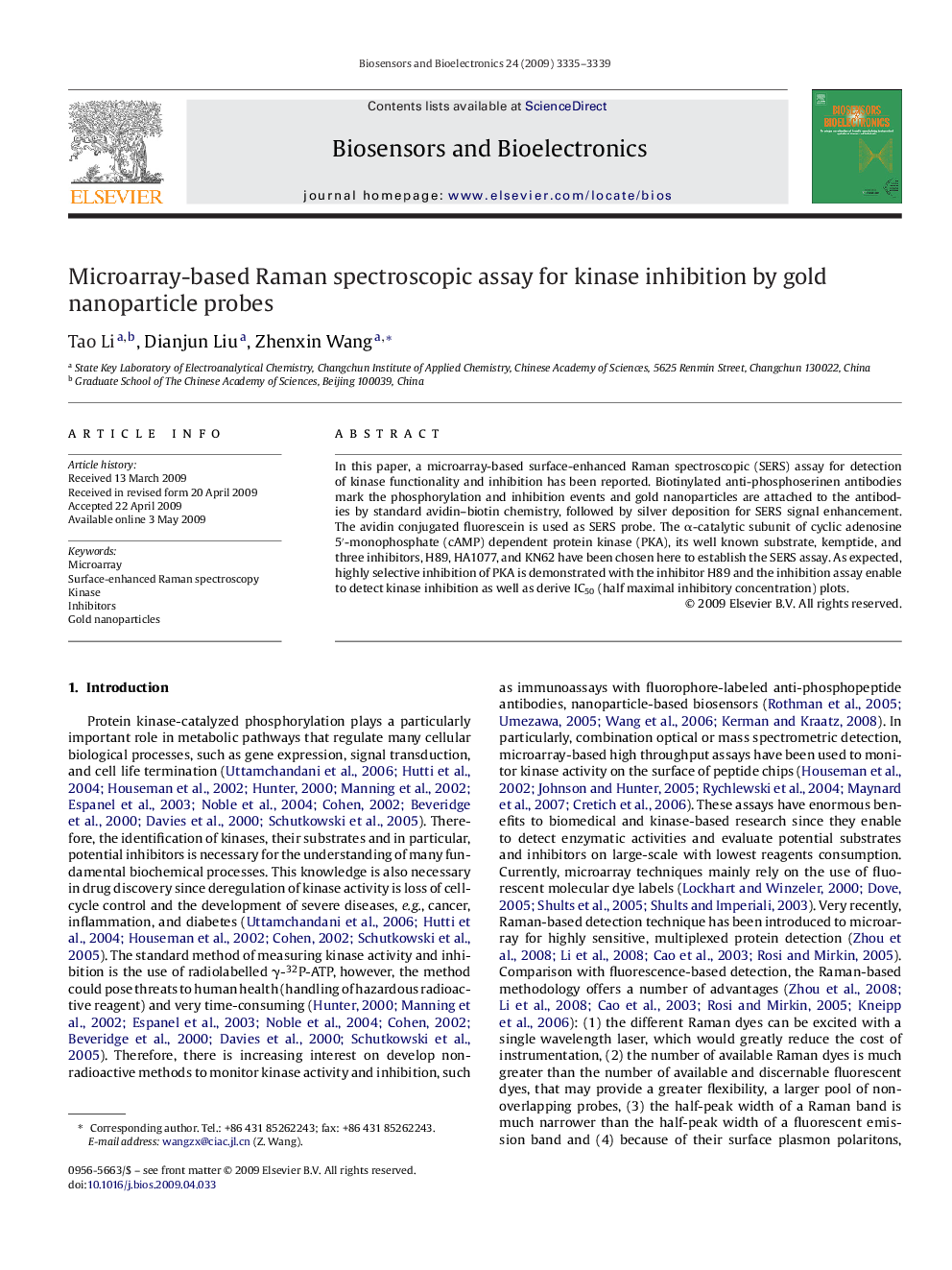 Microarray-based Raman spectroscopic assay for kinase inhibition by gold nanoparticle probes