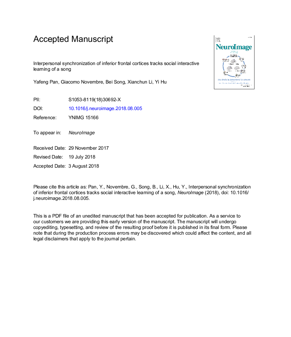 Interpersonal synchronization of inferior frontal cortices tracks social interactive learning of a song