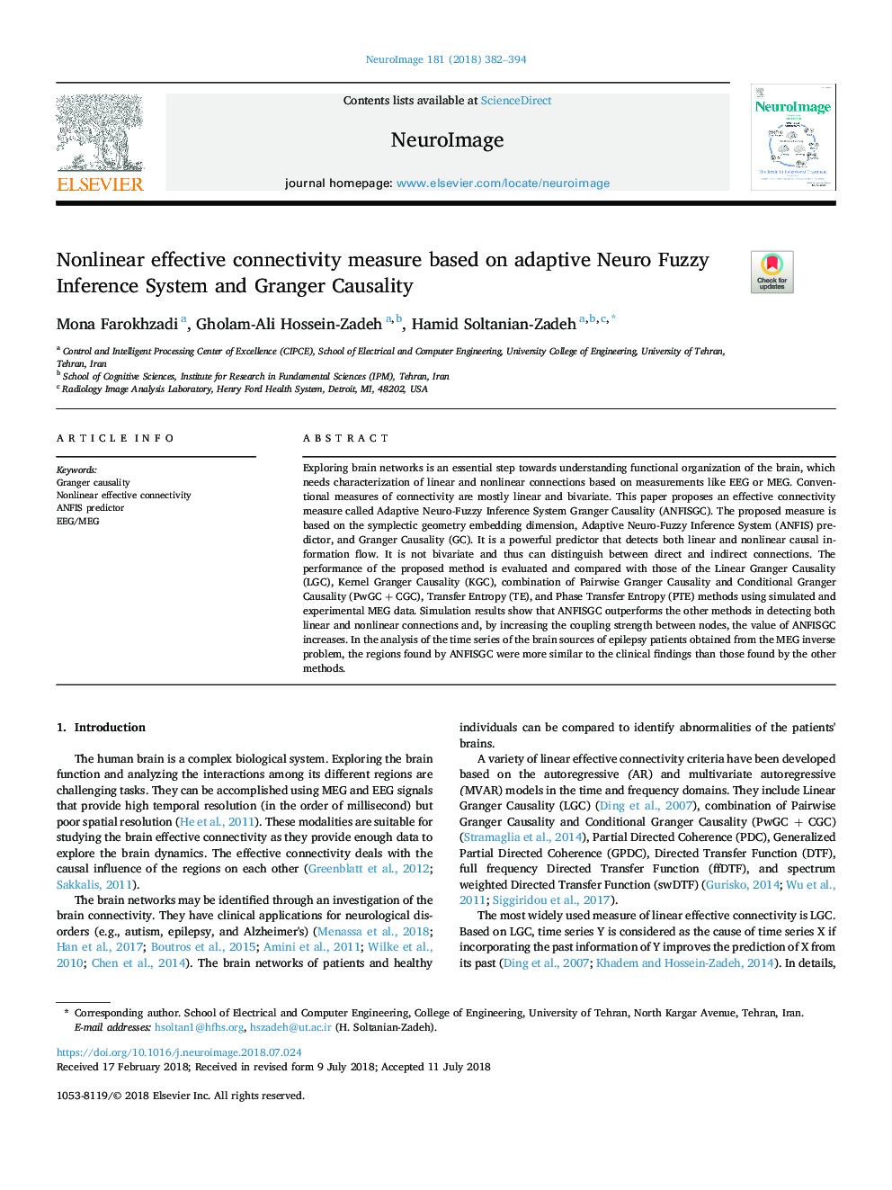 Nonlinear effective connectivity measure based on adaptive Neuro Fuzzy Inference System and Granger Causality