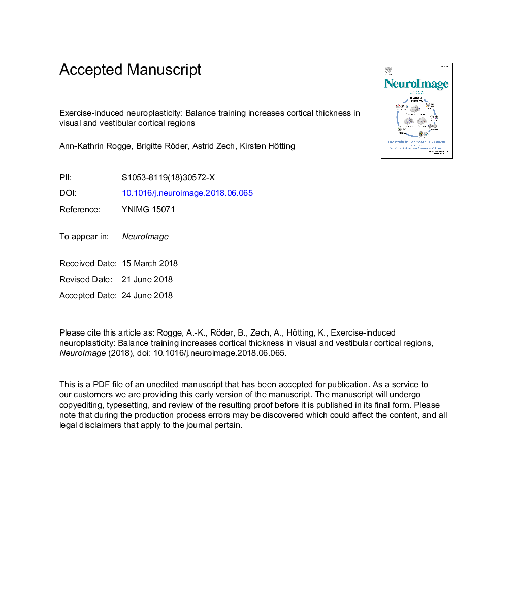 عکس صفحه اول مقاله: Exercise-induced neuroplasticity: Balance training increases cortical thickness in visual and vestibular cortical regions Exercise-induced neuroplasticity: Balance training increases cortical thickness in visual and vestibular cortical regions