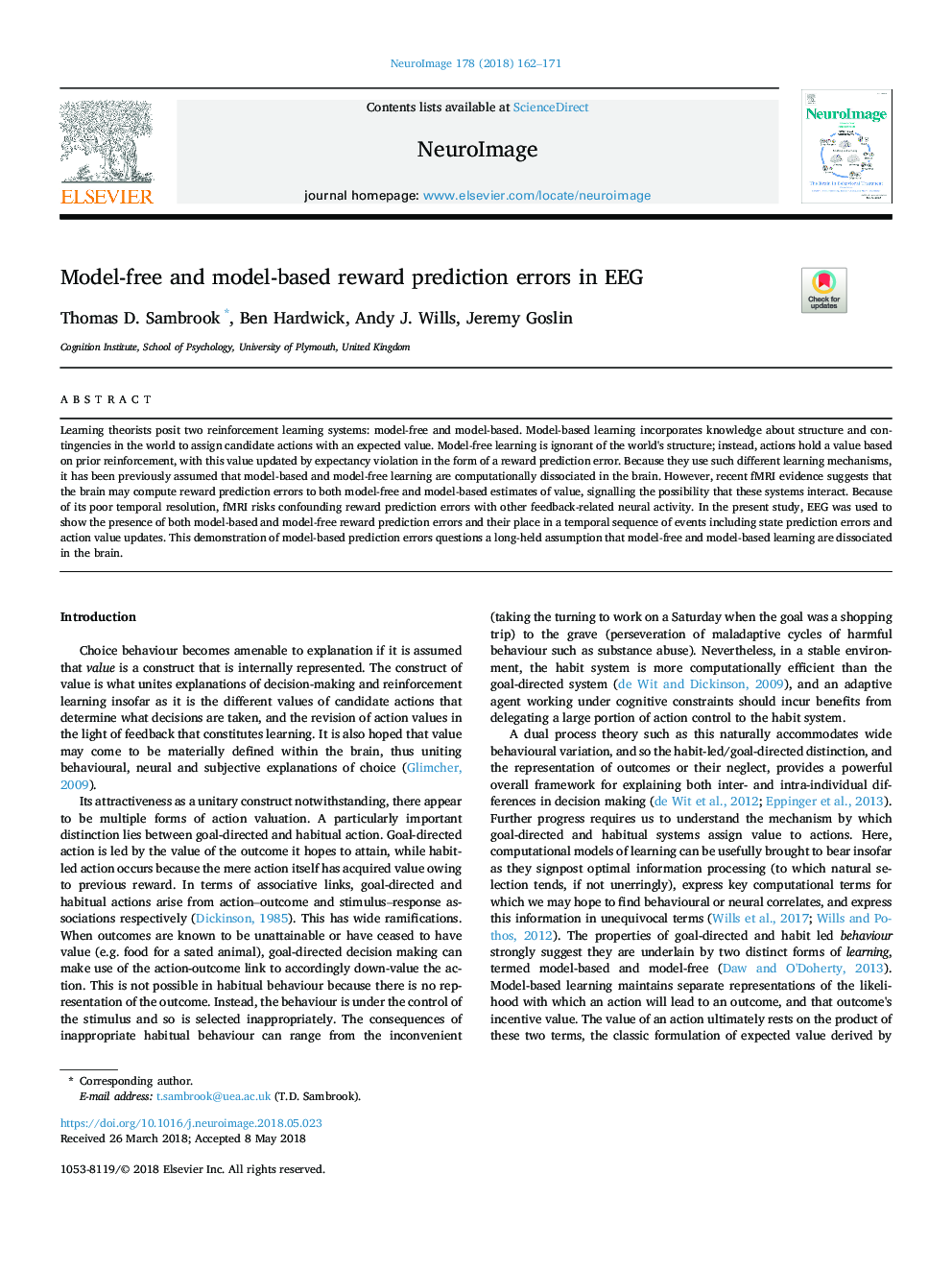 Model-free and model-based reward prediction errors in EEG