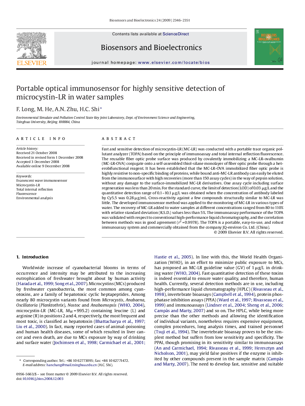 Portable optical immunosensor for highly sensitive detection of microcystin-LR in water samples