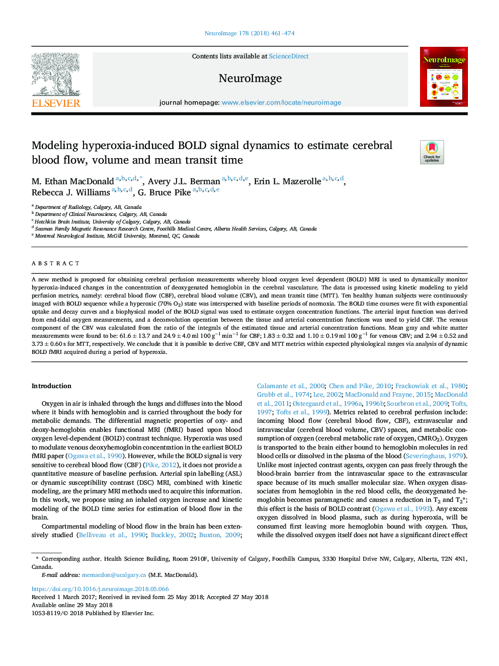 Modeling hyperoxia-induced BOLD signal dynamics to estimate cerebral blood flow, volume and mean transit time