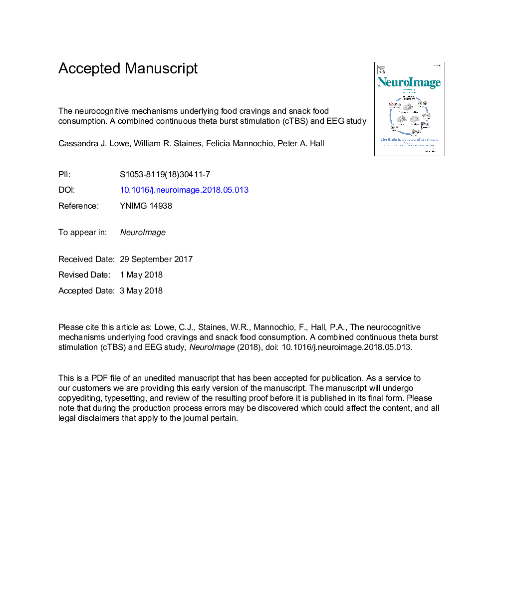 The neurocognitive mechanisms underlying food cravings and snack food consumption. A combined continuous theta burst stimulation (cTBS) and EEG study